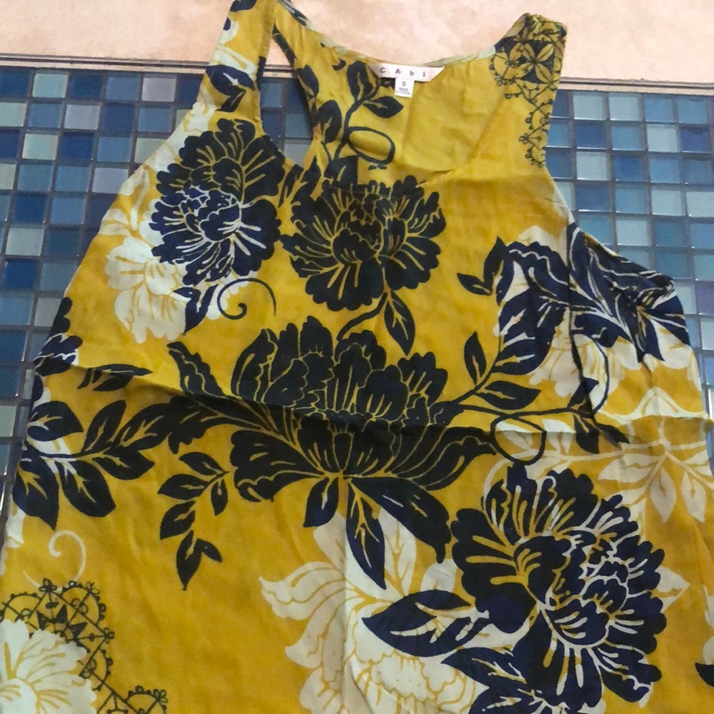 Cabi Style 286 Bali golden Yellow Floral Print Silk Tank Top Blouse